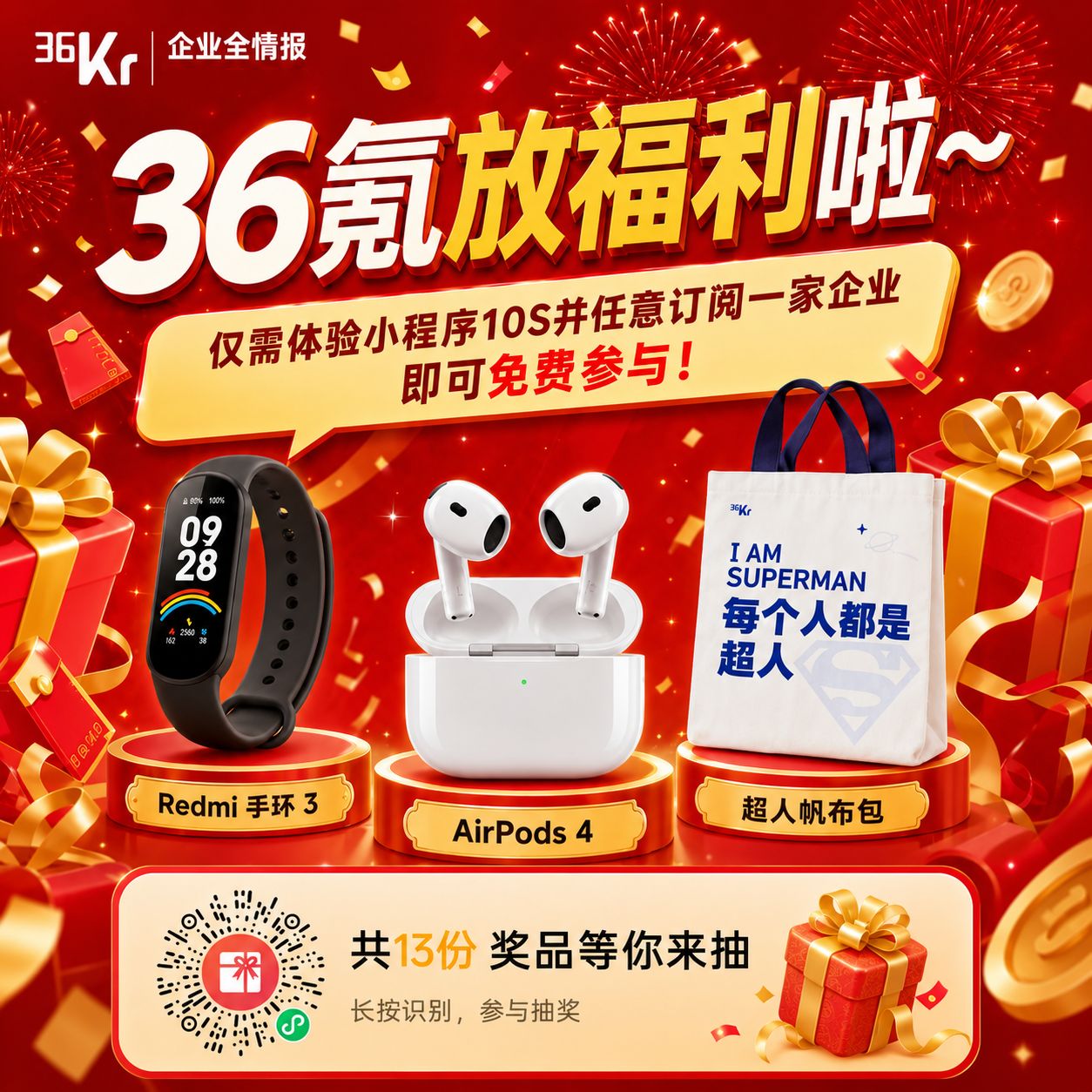 🎁36氪放福利啦！体验10秒，即可免费抽AirPods 4、Redmi手环、超人帆布包！